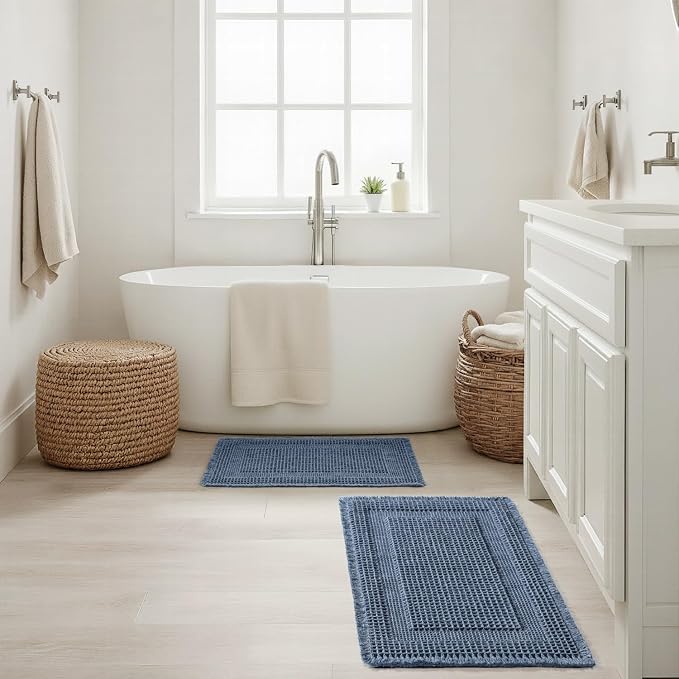 MIULEE Set of 2 Waffle Bathroom Rugs, Boho Bath Rug Super Absorbent, Non Slip Washable Ultra Soft Rubber Backed Shower Bath Mats for Floor, Tub, Shower, Looped Design, Blue, 24x36 Inch