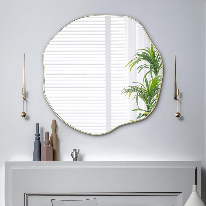 POZINO Irregular Wall Mirror, 35" Scalloped Asymmetrical Art Deco Mirror, Gold Organic Shape Frameless Mirrors for Entryway Living Room Bedroom Hallway, Horizontal or Vertical Hanging