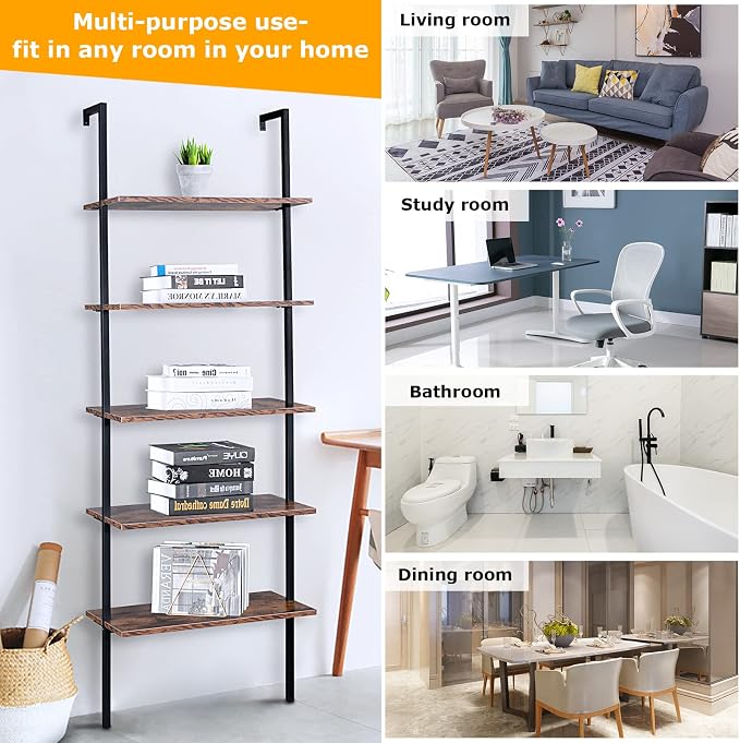 5 Tier Wall Mounted Ladder Shelf, Ladder Bookshelf with Metal Frame and Wood Shelf, Modern Learning Bookcase for Living Room, Bedroom, Office (23.6" W x 11.8" D x 70.8" H, Rustic Brown)
