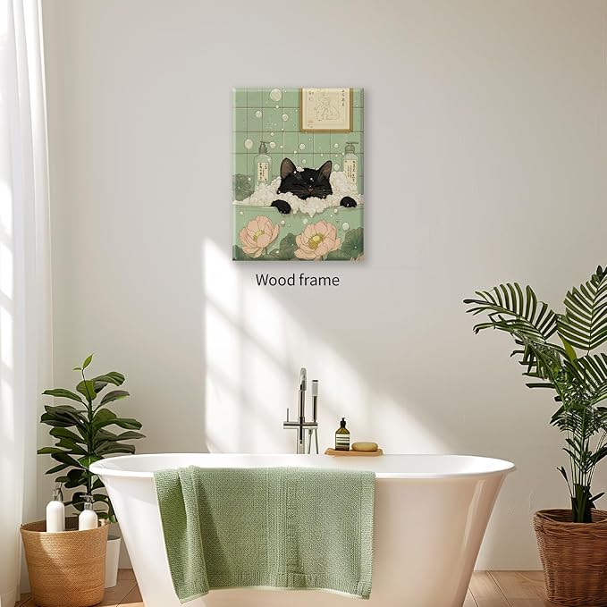 Black Cat in Bathtub Poster Vintage Japanese Bathroom Wall Art 16X24 inch Framed Funny Cute Animal Canvas Prints for Bedroom Restroom Toilet Wall Decor