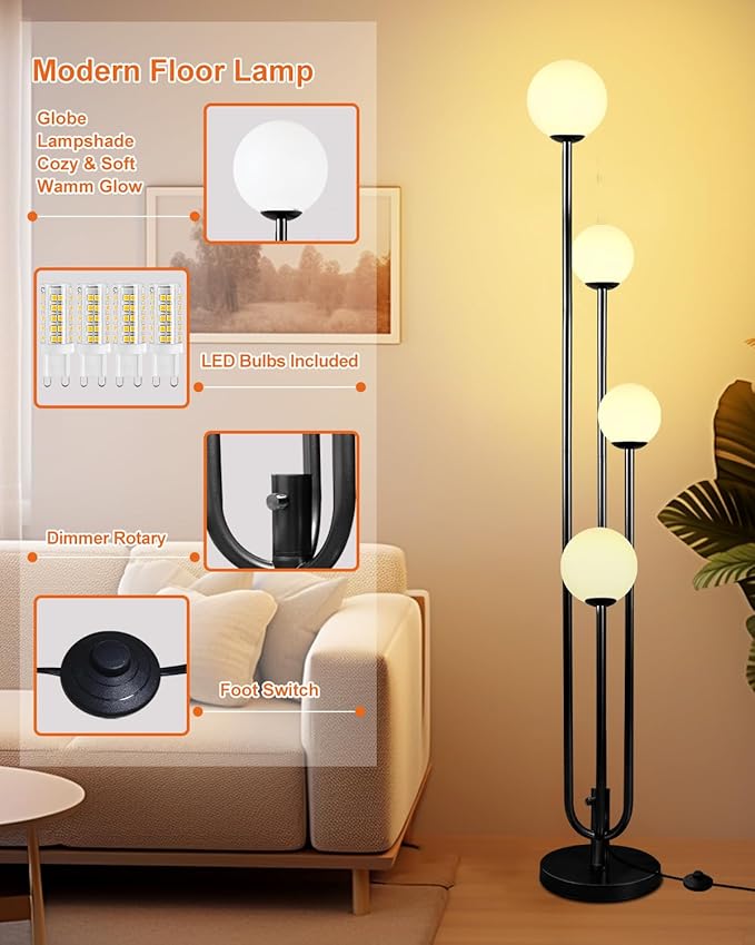 63IN 4-Light Dimmable Floor Lamp, Unique Black Tall Standing Lamps with Globe Shade &3000K G9 Bulbs for Reading, Mid Century Modern Floor Lamp for Living Room Bedroom Office