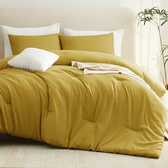 CozyLux King Size Comforter Set Mustard Yellow, 3 Pieces Lightweight Down Alternative Quilted Bedding Sets, All Season Soft Breathable Solid Comforter with 2 Pillowcases, Luxury Bed Set Gift for Home