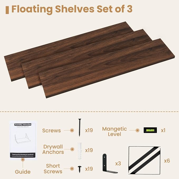 Heimlove Floating Book Shelves for Wall,35.4 Inches Long Wall Mounted Bookshelves,Heavy Duty Bracket Shelves for Living Room Kitchen,Laundry Room Storage & Decor,Set of 3,Walnut