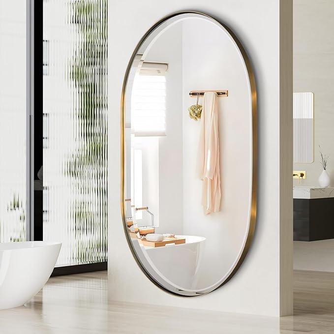 POZINO Gold Oval Mirror, Brass Beveled Mirror with Stainless Steel Frame, 28"x48" Large Rounded Rectangle Mirrors for Over Sink, Modern Oblong Vanity Wall Mirrors for Bathroom Bedroom Living Room