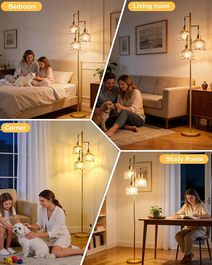 3-Light Modern Glass Floor Lamp, Gold Standing Tall Lamp with Amber Vertical Rib Glass Shade for Reading, Dimmable LED Floor Lamp with 5Lbs Heavy Base for Living Room Bedroom Home Decor, Bulb Included