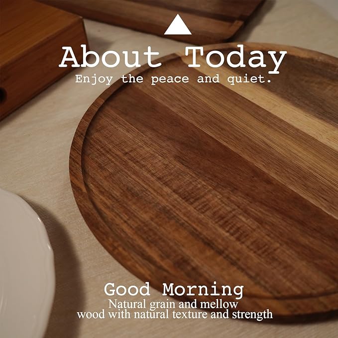 PINXIURY 11.8 Inch Round Wooden Decorative Serving Tray for Coffee Table and Home Decor, Round Wood Tray for Table Centerpiece, Small Candle Tray, Acacia, Appetizer Charcuterie Board