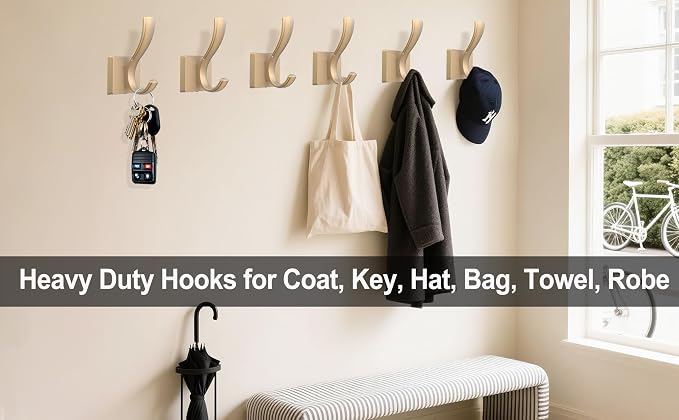 TOFIIGREM Gold Hooks for Wall Double Hooks, Heavy Duty Thick Bathroom Coat Hooks for Hanging Key Robe Hat Backpack, Wall Mount Hat Hooks Bath Towel Hooks(6 Pack, Gold)