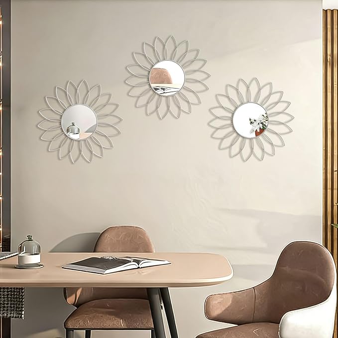 3 Pack Metal Mirrors for Wall Sunburst Wall Mirrors Home Décor Decorative Hanging Wall Art for Living Room Bedroom Entryway (White, Flowers)