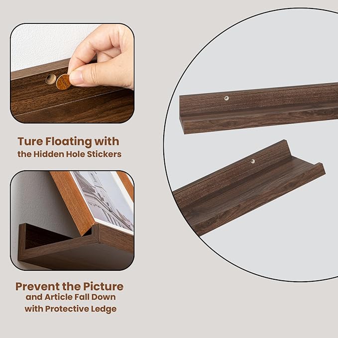 Heimlove Picture Ledge Shelf,48 inch Long Floating Shelves for Wall Set of 2,Picture Shelf with Lip for Wall Decor,Living Room,Bedroom,Bookshelf,Nursery,Perfume,Walnut Color