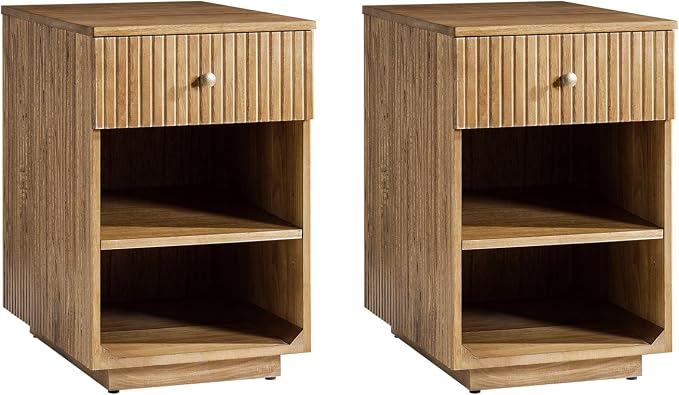HULALA HOME Mid-Century Modern End Table with Drawer and Open Shelves, Solid Paulownia Wood Side Table, Brass Knob, No Assembly Required(Set of 2, Acorn)