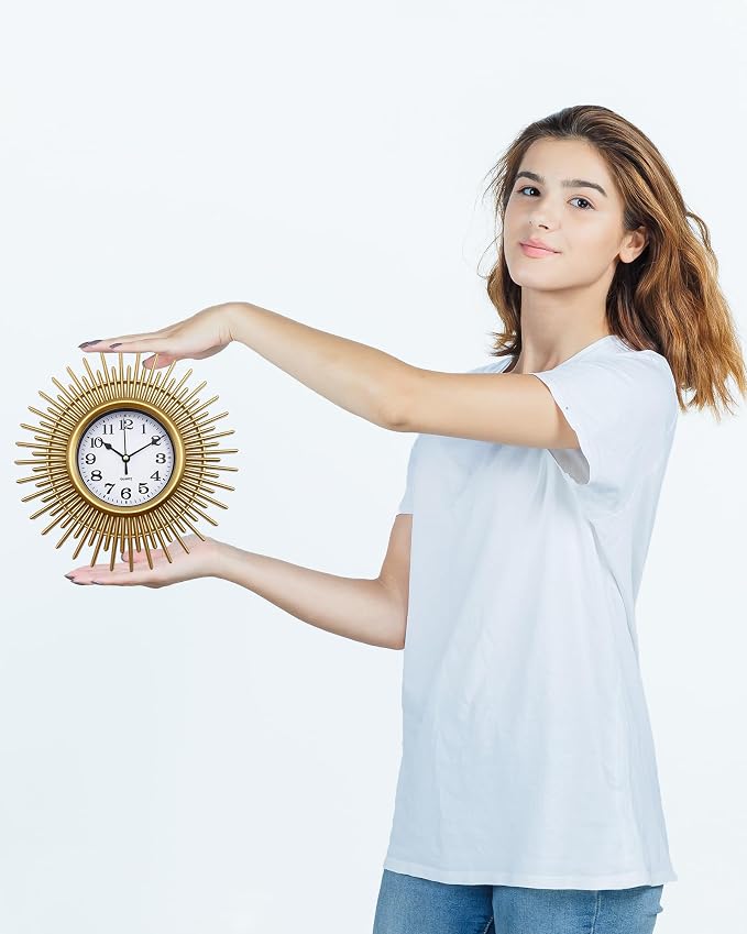 Gold Sunburst 10 Inch Small Wall Clock Battery Operated, Modern Boho Decorative Wall Clock for Living Room, Bedroom, Kitchen, Office, Bathroom