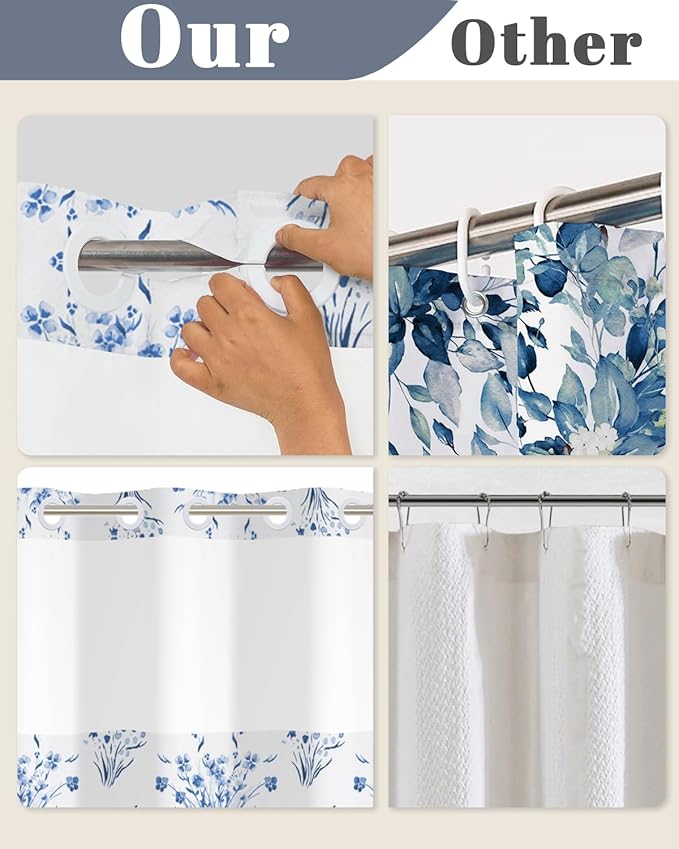 No Hook Bathroom Shower Curtain and Liner Set, Watercolor Blue Floral in White Cloth, Double Layer Waterproof Fabric Bath Tub Curtain with Snap in Liner, See Through Top, 71 x 74 Inch