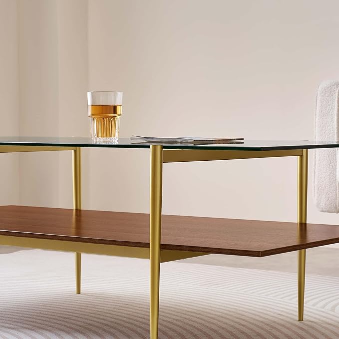X-Large Rectangle Glass Coffee Table, Mid-Century Modern Design for Living Room, L47xW24xH17 inch, 2-Tier Structure, Clear Glass Top and Walnut MDF Shelf, Conical Metal Legs with Gold Finish