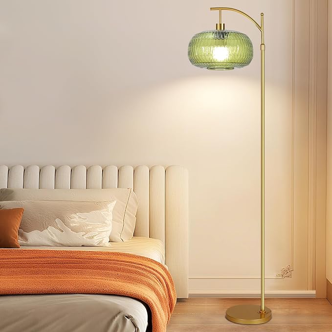 ILLMTW Glass Floor Lamp for Living Room,Bedroom,Gold Mid Century Modern Standing Lamp with Remote,Dimmable Brass Tall Lamp Vintage Retro Green Arc Flower Floor Light Boho Bohemian