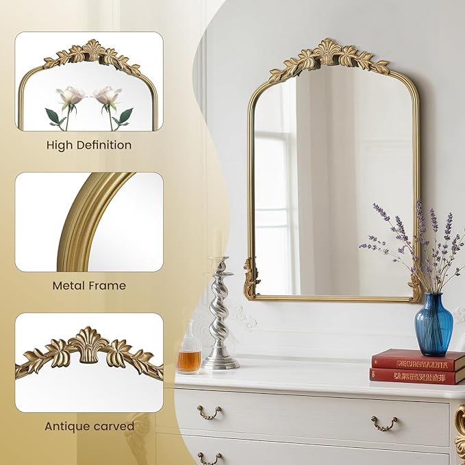 WallBeyond Gold Antique Mirror for Vanity 22x30 Inch, Gold Vintage Mirror with Ornate Frame, Arched Vintage Wall for Bathroom, Living Room, Fireplace