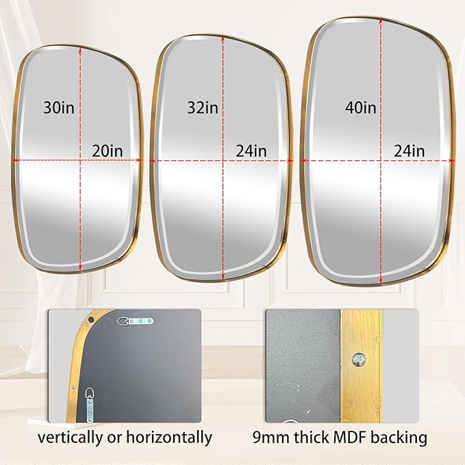 POZINO Gold Bathroom Mirror, 24"x32" Brass Rounded Rectangle Mirrors, Brushed Beveled Mirrors for Over Sink, Modern Vanity Wall Mirror in Premium Stainless Steel Frame Hangs Horizontal Or Vertical