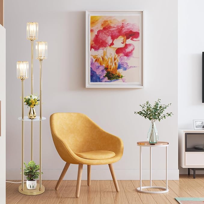 HMVPL Gold Floor Lamps for Living Room, Modern Floor Lamp with Shelves, Crystal Standing Lamps with Table, Brass Tall Lamp with Crystal Shade, On/Off Switch, Mid Century Corner Floor Lamp for Bedroom