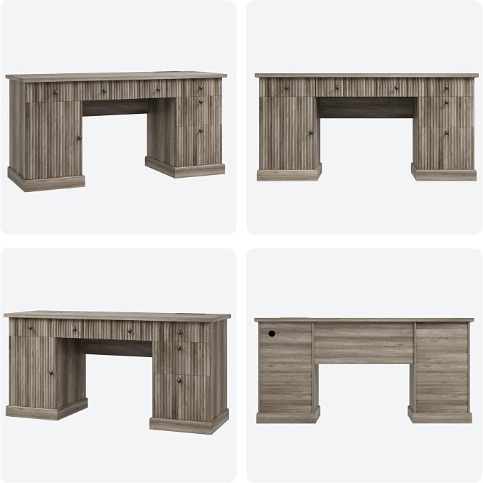 Garvee 60" Office Desk with Storage & Drawers. Fluted Wood Computer Desk with Power Outlet & Adjustable Shelves.Modern Executive Desk for Home Office/Bedroom/Gaming-Grey