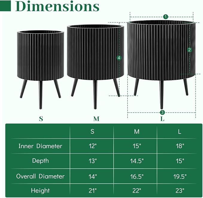 Giantex 20 Inch Plant Pot with Stand Set of 2, Mid-Century Modern Fluted Planter with Built-in Drainage Holes, Metal Flower Pot with Tapered Legs for Living Room, Office, Porch, Garden