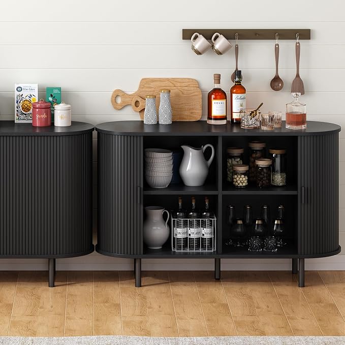 ONBRILL 48" Sideboard Buffet Cabinet with Storage, Storage Cabinet with Sliding Door & Adjustable Shelf, Modern Accent Coffee Bar Console Table for Kitchen, Entryway, Black