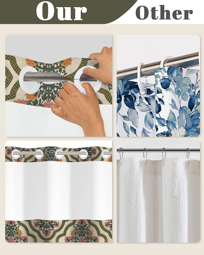 No Hook Shower Curtain and Snap in Liner Set - Vintage Floral Damask Pattern Shower Curtains for Modern Farmhouse & Traditional Bathroom, Mesh Top Waterproof Bath Tub Curtain, 71Wx74H