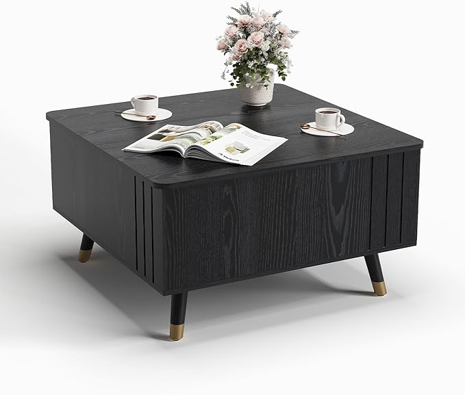 32" Square Lift Top Coffee Table with Storage, Modern Black Center Table for Living Room, Minimalist Wood Cocktail Table with Rising Desktop, Home Office