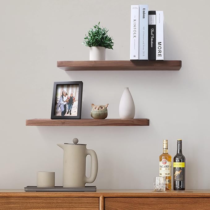 Axeman Walnut Floating Shelves for Wall 24 Inch | 24W x 6D Solid Walnut Wood Shelves Set of 2 | Natural Wooden Shelves for Living Room Bedroom Kitchen