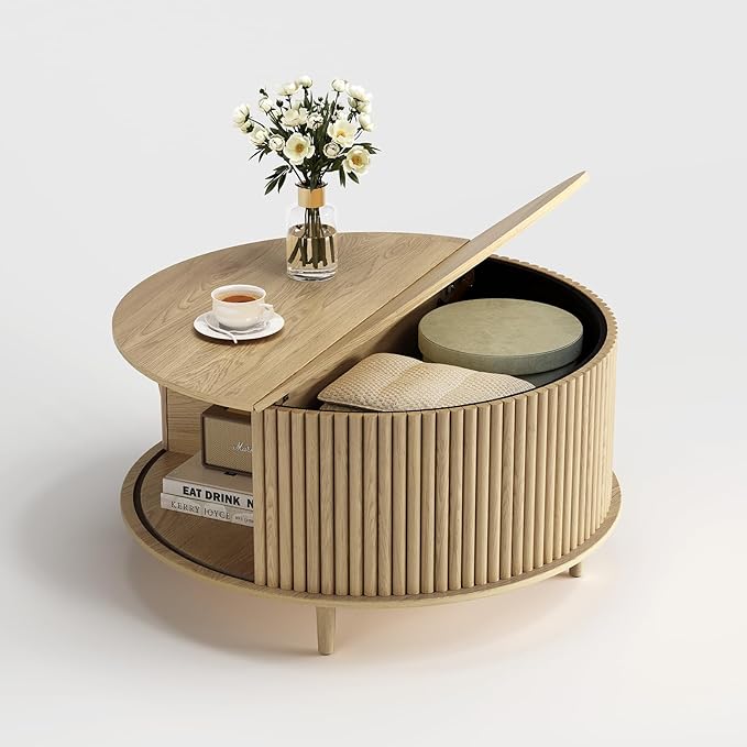 Round Coffee Table with Storage, 31.5" Oak Wood Drum Table, Fluted Circle Center Table for Living Room, Modern Mid Century Furniture with Sliding Door