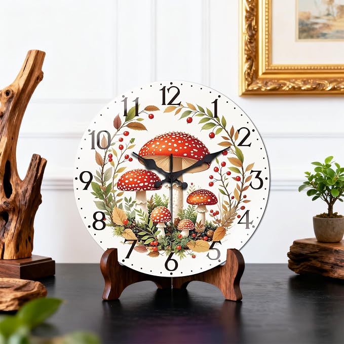 peacoblue Wall Clocks Battery Operated 12 Inch Mushroom Forest Glass Round Wall Clock Non Ticking for Kitchen Living Room Dining Room Bedroom and Bathroom Decor Accessories (Battery not Included)