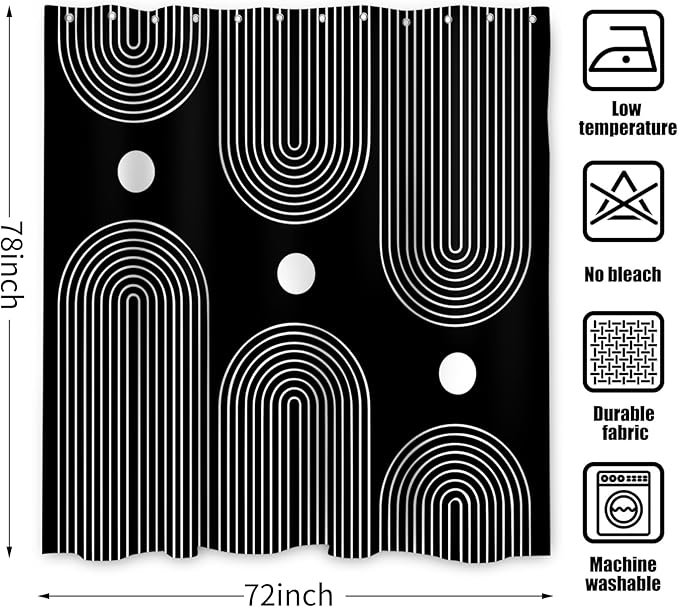 Black and White Extra Long Shower Curtain, Boho Minimalist Mid Century Modern Arch Geometric Machine Washable Waterproof Fabric for Bathroom Bathtub Decor with Hooks 72Wx78H