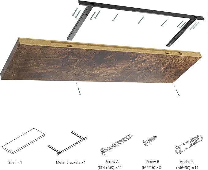 Wall Shelf Set of 1, Rustic Brown Floating Shelves 24 in W x 10 in D x 1 in H, Wooden Floating Wall Shelf with Invisible Brackets for Living Room/Bedroom/Bathroom/Kitchen Storage and Decor