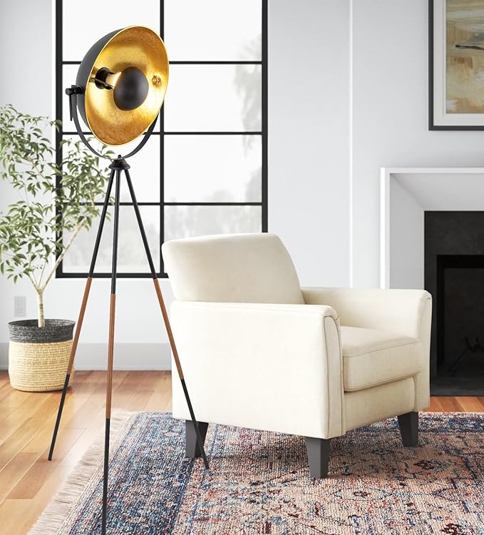 Kira Home Sulis 58" Modern Tripod Floor Lamp with Gold Foil Satellite Shade, Mid-Century Industrial Cinema Light with 9W LED Bulb and Leather Accents Legs, Black Finish