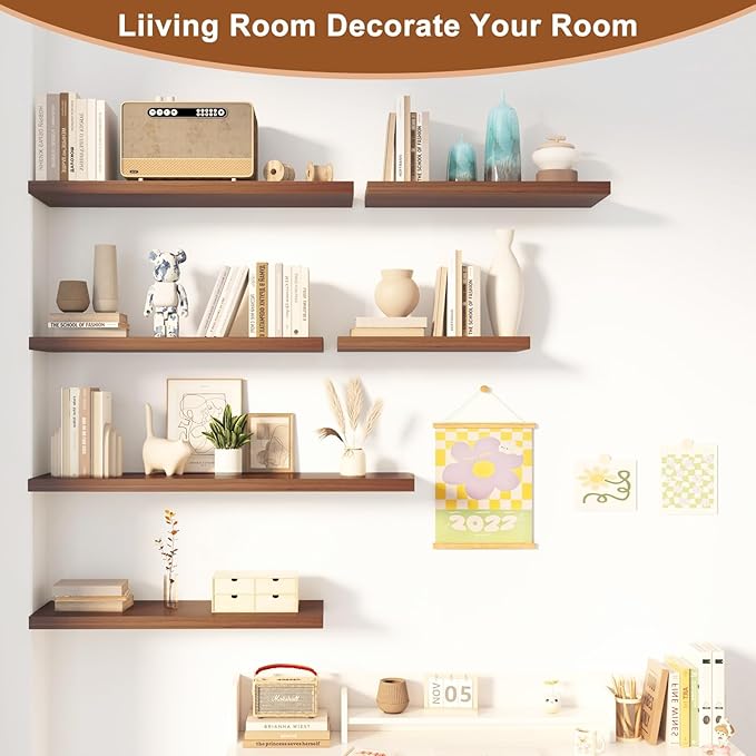 Large Floating Shelves for Wall 24" W x 12" D x 1.2" H Deep Floating Shelves 1 Pack Floating Shelf Large Storage Space Wall Mount Shelf for Living Room Kitchen Bathroom Walnut