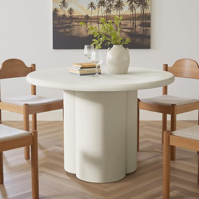 44.9" Modern Round Dining Table for 4-6, 2" Thickened Matte Concrete Tabletop & Unique Cloud-Shaped Pedestal, Circle Kitchen Table for Dining Room Apartment, Easy Assembly & Clean (White, Only Table)