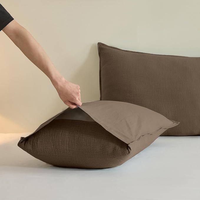 Simple&Opulence Linen Muslin Duvet Cover Set Twin Size, 3Pcs Brown Linen Cotton 3-Layer Gauze Minimalist Comforter Cover 68”x86”, Ultra Soft Breathable Seersucker Bedding Set with 1 Pillowcase