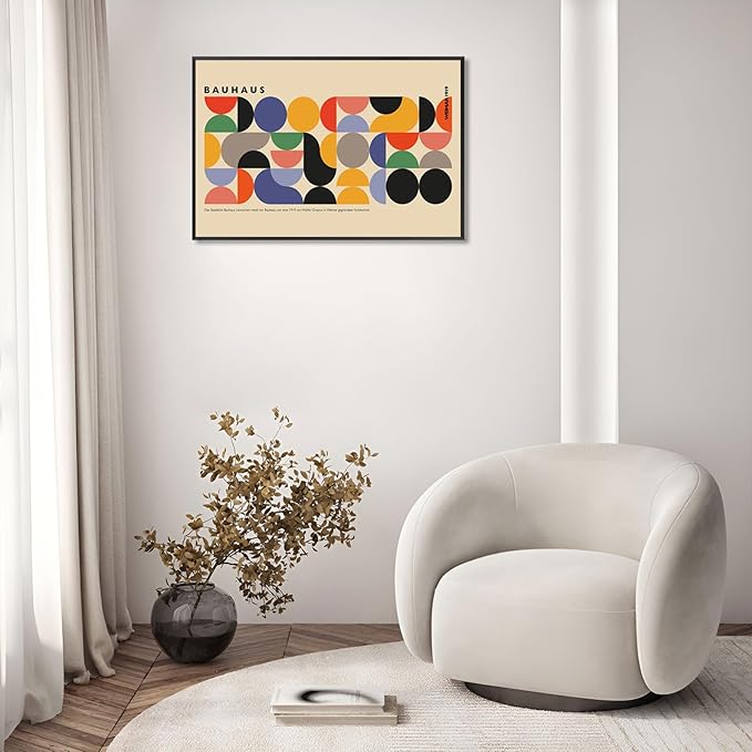 Vintage Bauhaus Weimar 1919 Framed Poster Vibrant Circles And Arcs Minimalist Text Canvas Wall Art Beige Backdrop Prints Painting For Home Bedroom Dorm Wall Decor 8x10in Framed