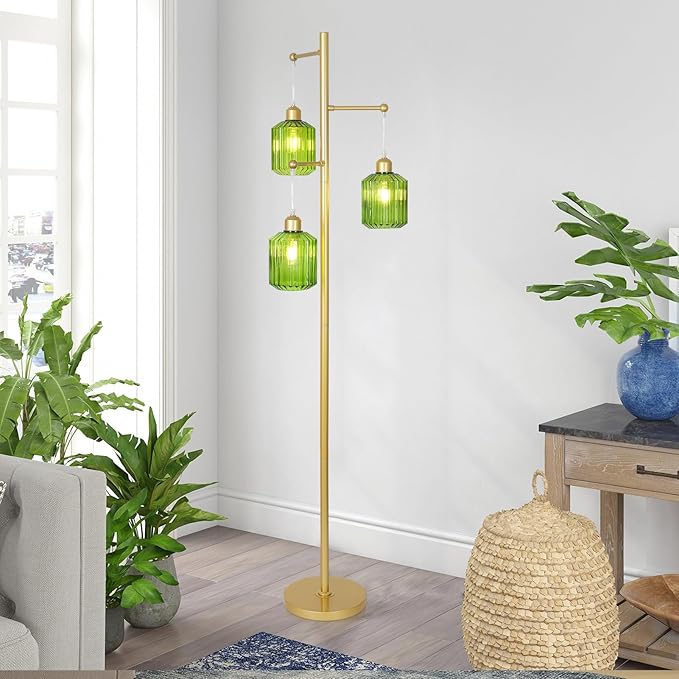 Glass Floor Lamp for Living Room,3-Light Gold Boho Flower Floor Lamp for Bedroom,Farmhouse Standing Lamp Tree Floor Lamps Vintage Retro Brass Tall Lamps for Bedroom,Office,Corner(LED Bulbs Included)