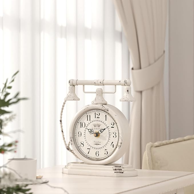 Vintage Table Clock, Desk and Shelf Decor Clock, White Antique Telephone Style Mantel Clocks, for Living Room, Farmhouse, Bedroom, Bedside, Gift (7.3" H x 7.3" W)