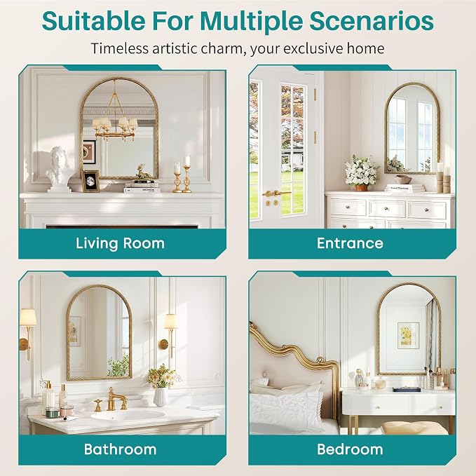 Large Vintage Arched Wall Mirror - 24"X36" Retro Gold Rope-Like Metal Framed Mounted Mirror for Wall Decor, Vanity Mirrors for Bathroom, Living Room, Bedroom, Fireplace