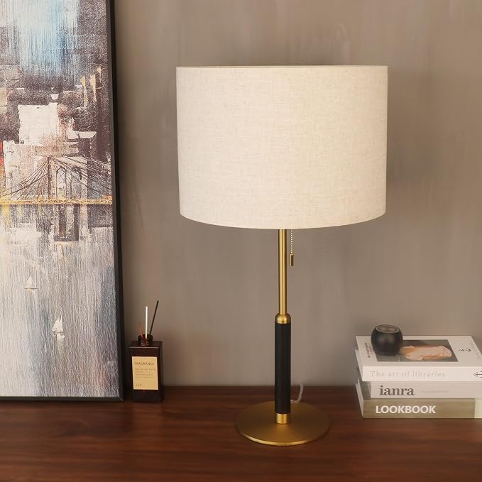 26.4" Pull Chain Table Lamp Modern Mid Century Bedside Lamps for Living Room End Tables 3-Color Light for Bedroom, Solid Wood/Metal/Fabric Lamp for Home/Office/Desk Decor (Light Brown+Brass)