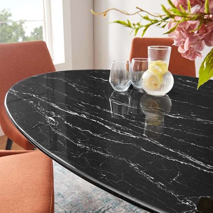 Modway Lippa Oval 60" Mid-Century Modern Artificial Marble Dining Table in Black Black