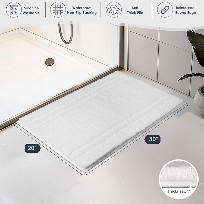 PURRUGS Bathroom Rug Non-Slip Machine Washable 20" x 30", Super Absorbent and Quick Dry Shaggy Microfiber Bath Mat, Extra Soft and Plush Bath Rug for Bathtub, Shower, and Sink, White