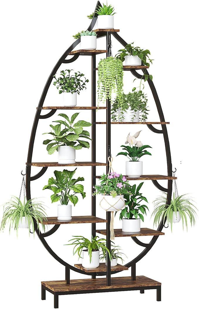 VINGLI Plant Stand Indoor with Grow Lights, 63" Tall 10-Tier Leaf-Shaped Metal Plant Shelf with 5 LED Light Strips, Large Tiered Indoor Plant Stands for Multiple Plants, Modern Decorative Plant Rack for Living Room Balcony, Black
