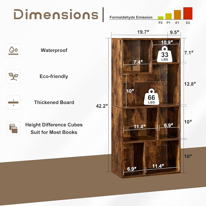 VECELO 4-Tier Modern Bookcase, 42 Inch High Storage Cabinet with Height Difference Shelves for Standard Textbooks, Floor Standing Display, 7 Cubes, Horizontal Avaiable, Easy Assembly, Rustic Brown