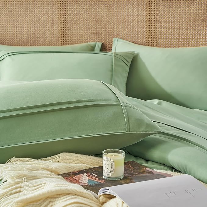 Yogeneg Full Size Comforter Set 7 Piece Bed in a Bag,Grid Pinch Pleat Sage Green Bedding Set,Striped Textured Soft Microfiber Comforter with Sheet Set,All Season Complete Bed Set(Sage Green,Full)