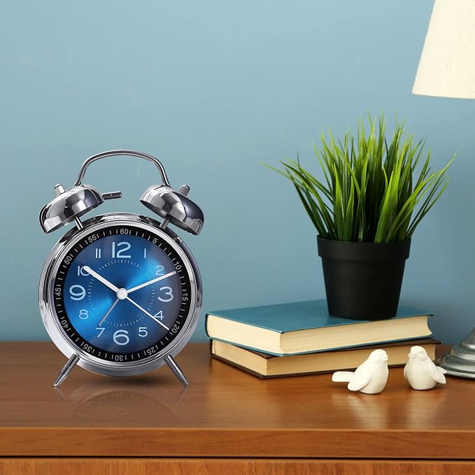 Tetino Super Loud Alarm Clock for Heavy Sleepers,4 inches Twin Bell Alarm Clock with Backlight,Battery Operated,Silent Non Ticking,for Kids,Adults,Bedrooms,Retro Decor Desk Analog Clocks. (Blue)