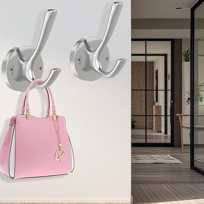 Brushed Nickel Wall Hooks, 4 Pack Heavy Duty Coat Towel Hook Metal Double Hook Wall Mounted Hanging, Bath Towel Hooks for Entryway Cubicle Bathroom Closet Garage