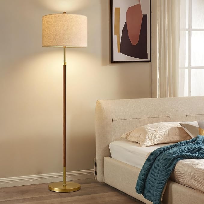 ILLMTW Wood Floor Lamp for Living Room,Bedroom,Vintage Mid Century Modern Standing Lamp with Remote Dimmable,Boho Gold Tall Lamp Fabric Lamp Shade Floor Lights Bohemian Tiffany Style