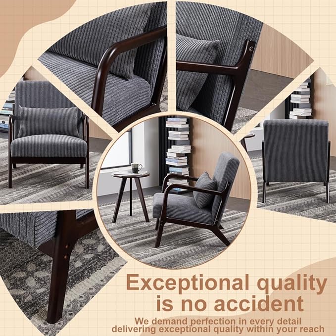 Accent Chairs with Side Table, Mid Century Modern Chair with Pillow, Arm Chair with Solid Wood, Reading Relaxing Leisure Chair for Living Room, Bed Room, Waiting Room, Grey