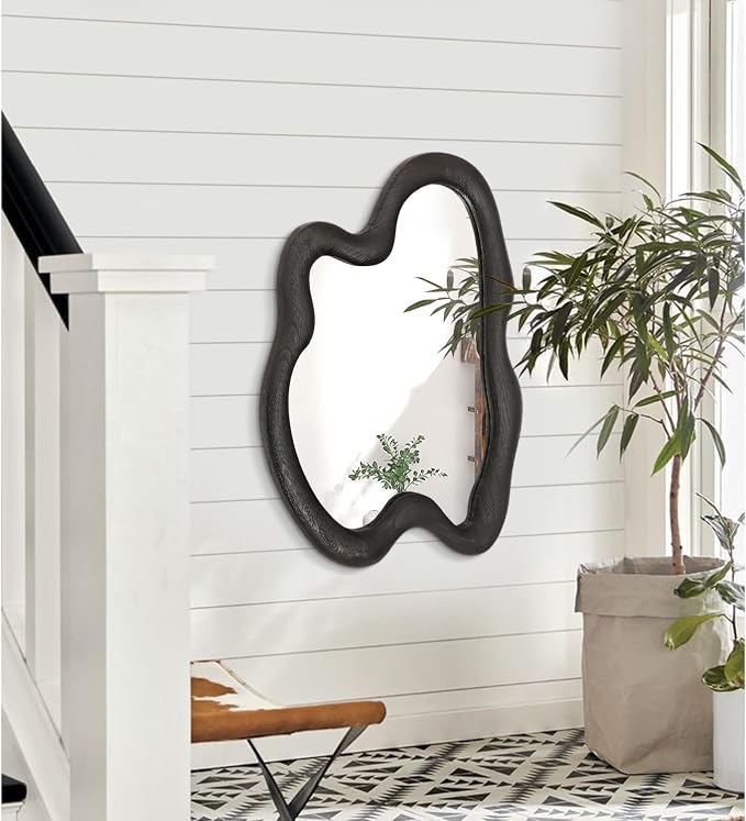 AAZZKANG Irregular Wall Mirror 28"x20" Black Asymmetrical Modern Wood Frame Mirrors Large for Bathroom Bedroom Living Room Entryway